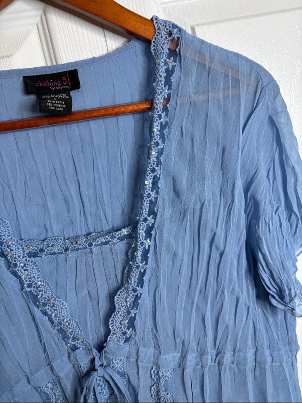 Notations Light Blue Lace-Trim Tie-Front Blouse - Picture 4 of 8
